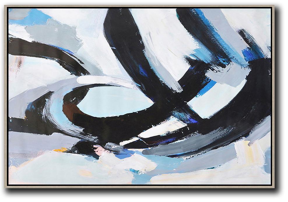 Extra Large Abstract Painting On Canvas,Horizontal Palette Knife Contemporary Art,Modern Canvas Art,Grey,White,Black,Blue.etc